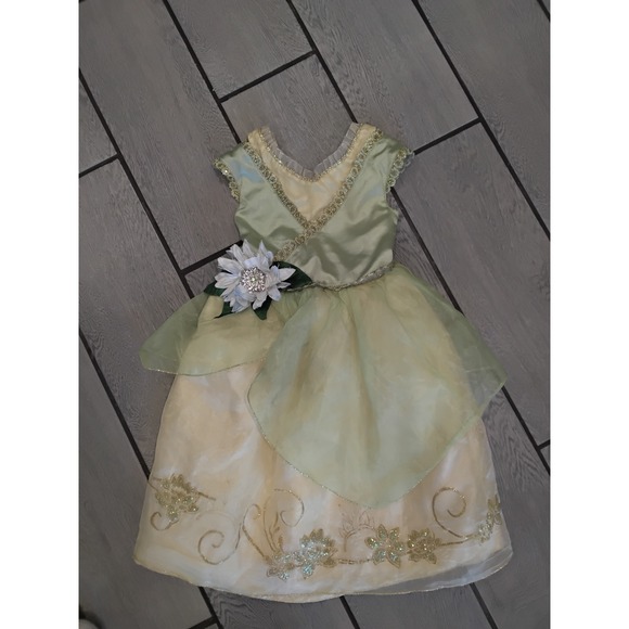 Disney Store Princess Tiana Costume Dress Girls Size 4 Green Gold Glitter Flower - Picture 1 of 6